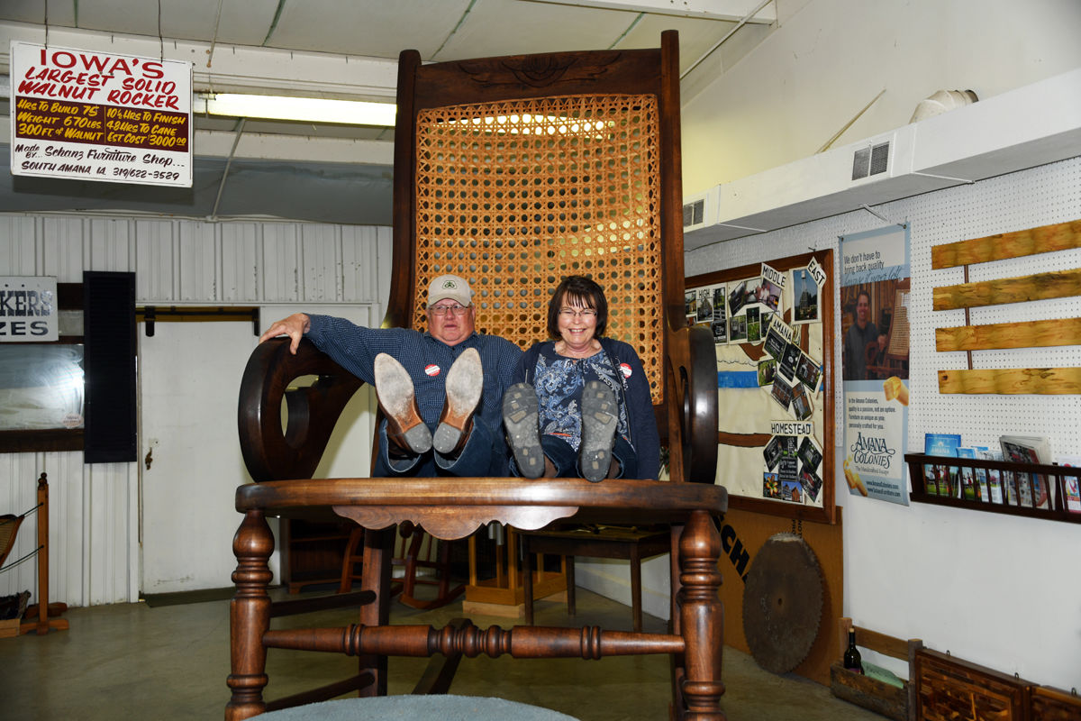 019 Curt and Mary Folkerts on Iowa's largest solid wood rocker.JPG